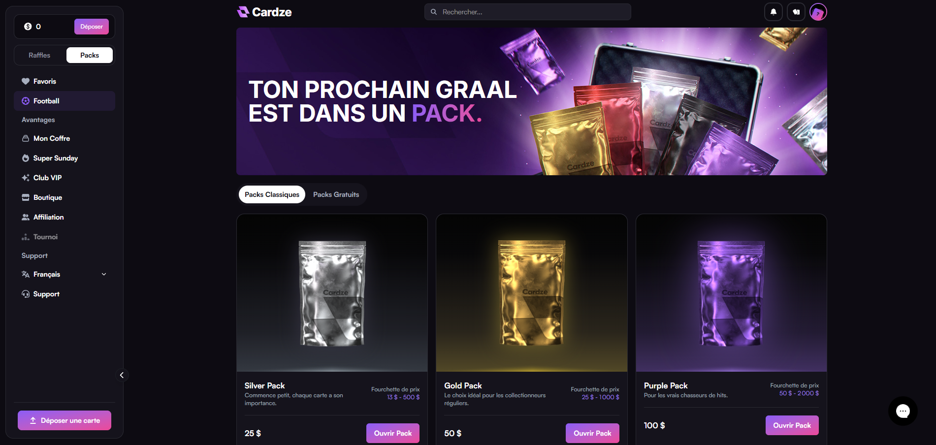 Los packs Cardze: Silver, Gold y Purple con sus rangos de precio