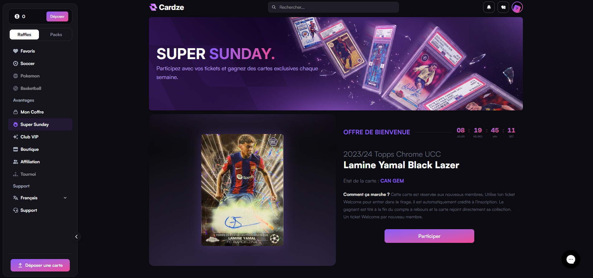 Página Super Sunday de Cardze con la carta exclusiva y la cuenta atrás