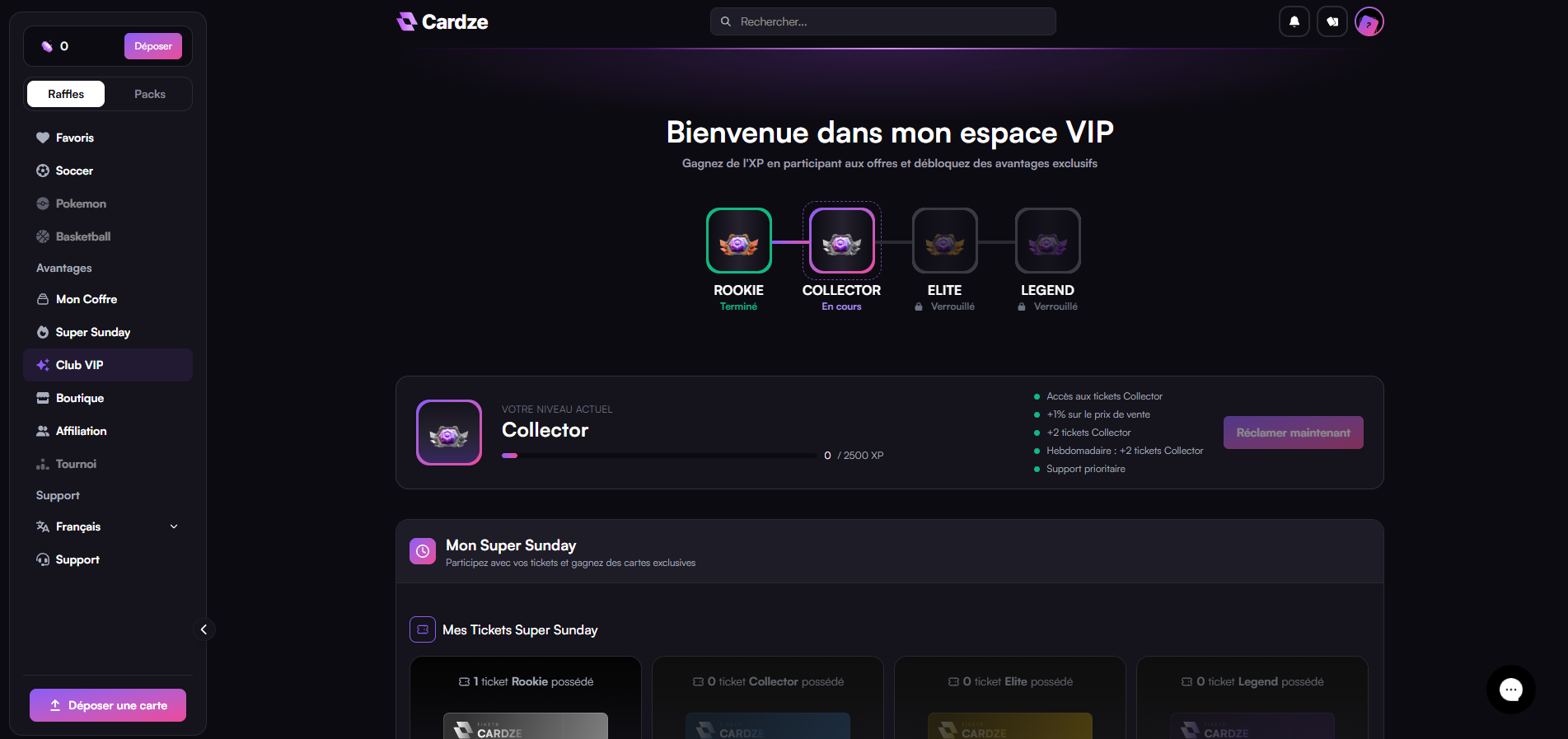 Espacio VIP Cardze: rangos Rookie, Collector, Elite, Legend y tickets Super Sunday